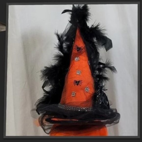 Fancy Witch Hat Fascinator - Orange Hat w/Tulle & Black Feathers - Halloween Hat - Picture 3 of 14
